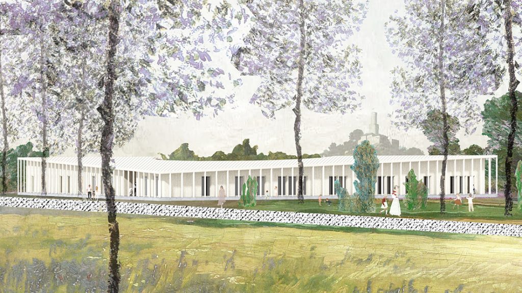 Außenperspektive des Wettbewerbsentwurfs für den Kindergarten-Neubau in Felsberg mit umlaufendem Stützengang, im Hintergrund die Felsburg