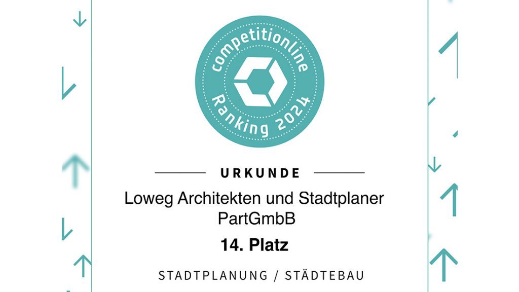 Urkunde competitionline Ranking 2024, 14. Platz für Loweg Architekten in der Kategorie Stadtplanung/Städtebau