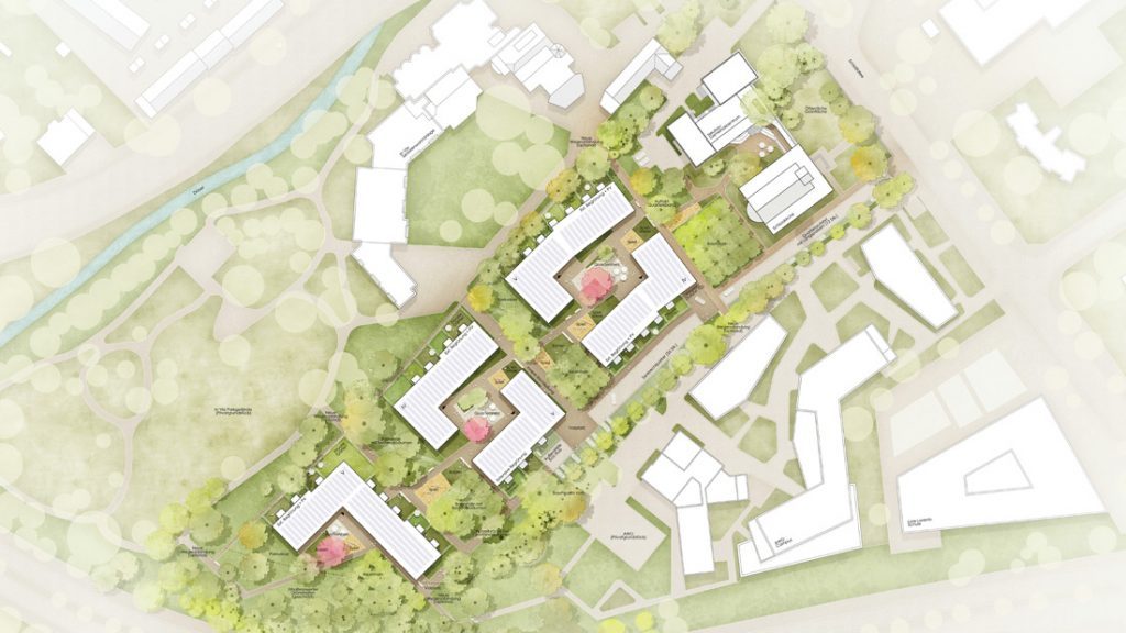 Lageplan des Wettbewerbsentwurfs für den Wohnpark an der Schlosskirche in Düsseldorf-Eller mit parkartigen Freiflächen