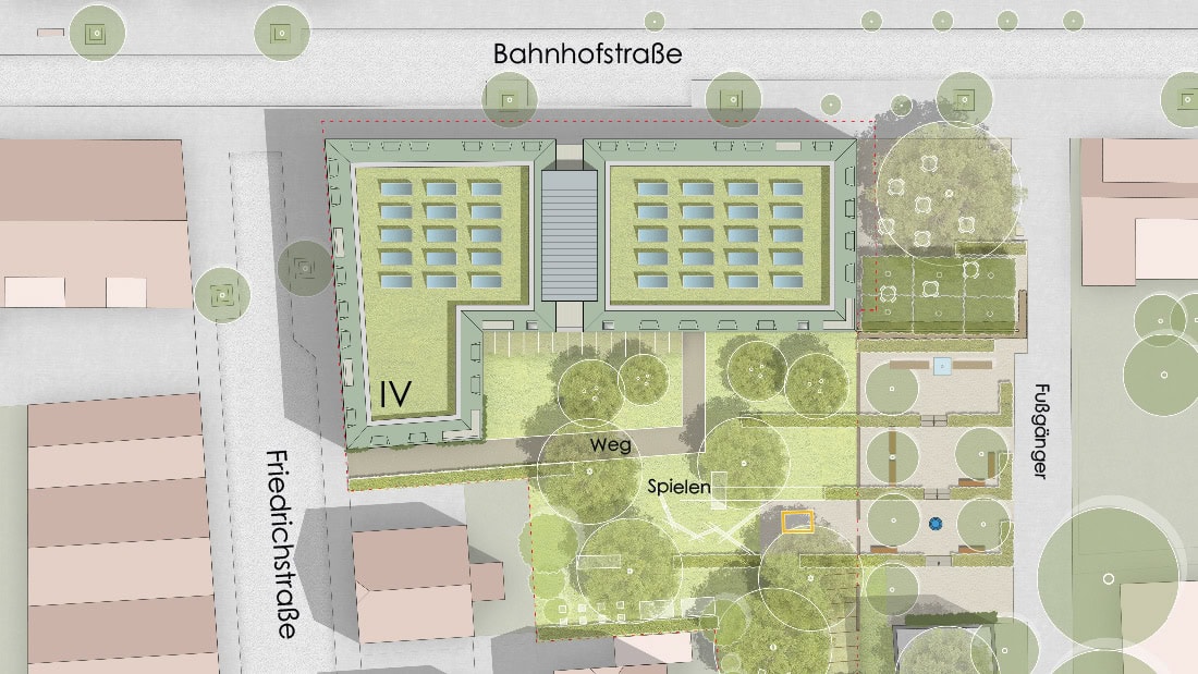 Wettbewerbsentwurf Lageplan Neubau Bahnhofstraße/Friedrichstraße, Kornwestheim, Maßstab 1:500