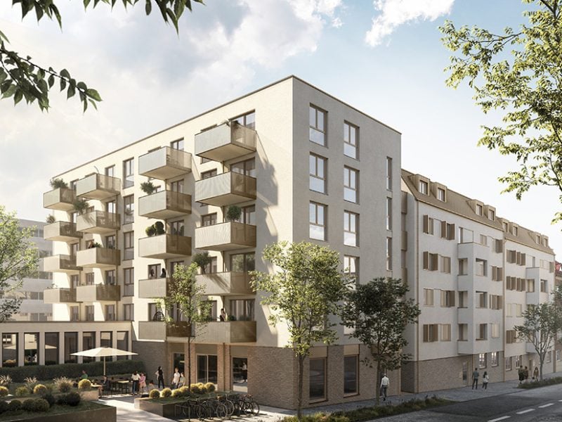 Visualisierung Zollern12, Hohenzollernstraße Ludwigsburg: Eckhaus mit Balkonen, Klinkersockel und Gewerbe mit Außenbereich