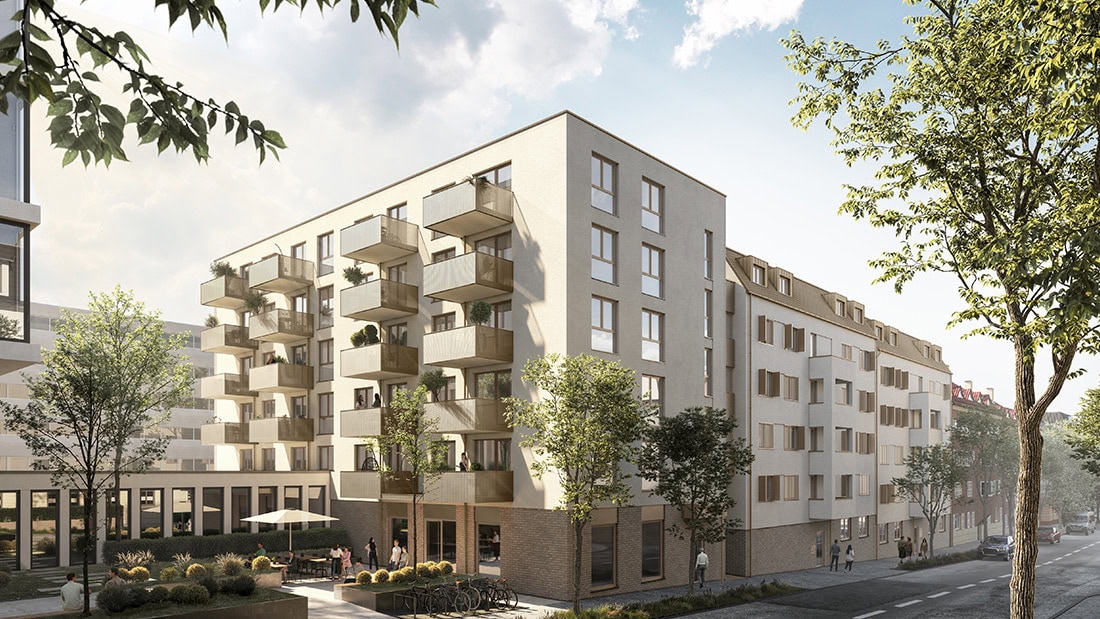 Visualisierung Zollern12, Hohenzollernstraße Ludwigsburg: Eckhaus mit Balkonen, Klinkersockel und Gewerbe mit Außenbereich
