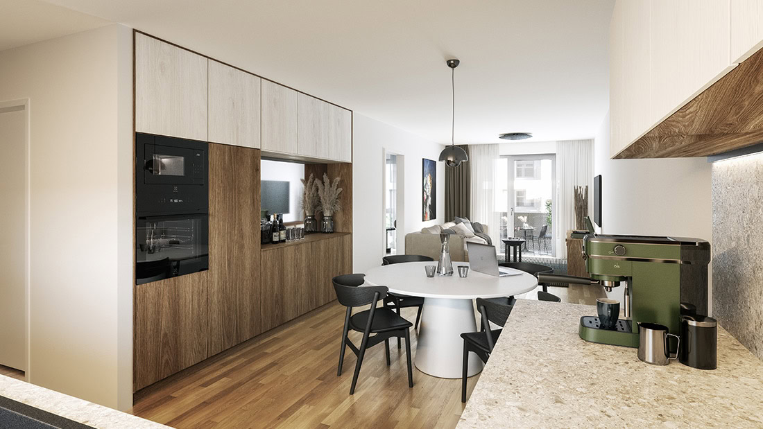 Innenraumvisualisierung Zollern12, Hohenzollernstraße Ludwigsburg: offene Küche mit Essplatz und Blick zum Balkon
