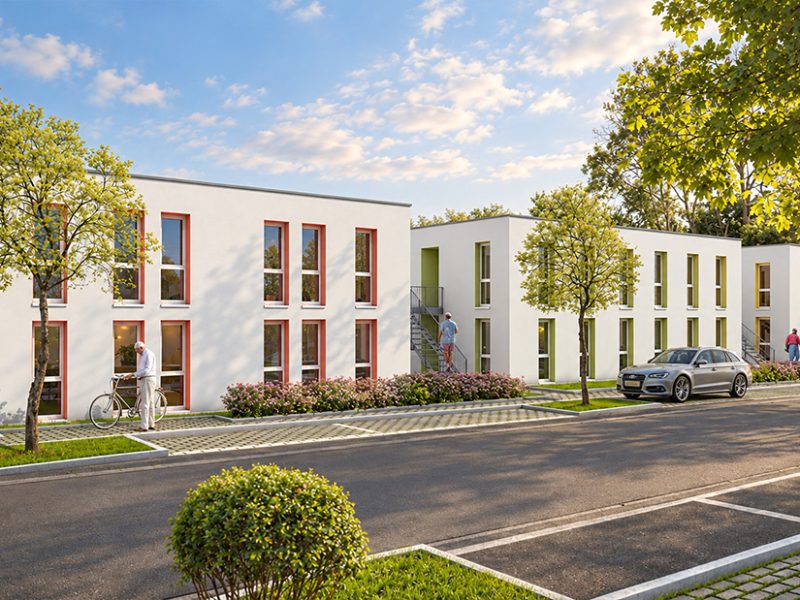 Visualisierung Obdachlosenheim Moldengraben, Kornwestheim: drei weiße, zweigeschossige Häuser mit farbigen Fensterrahmen