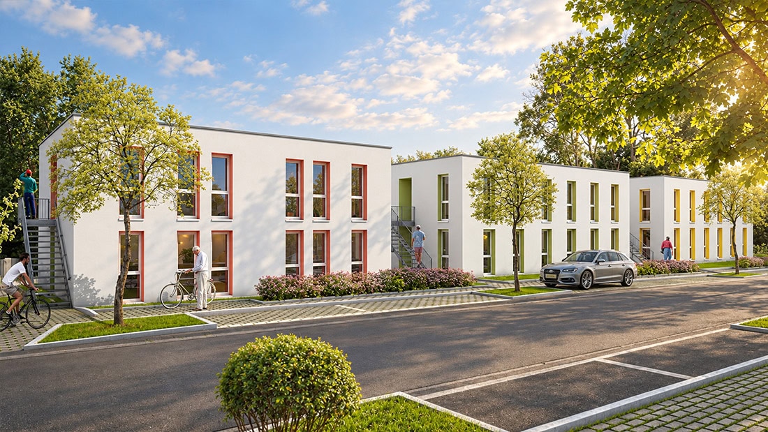 Visualisierung Obdachlosenheim Moldengraben, Kornwestheim: drei weiße, zweigeschossige Häuser mit farbigen Fensterrahmen