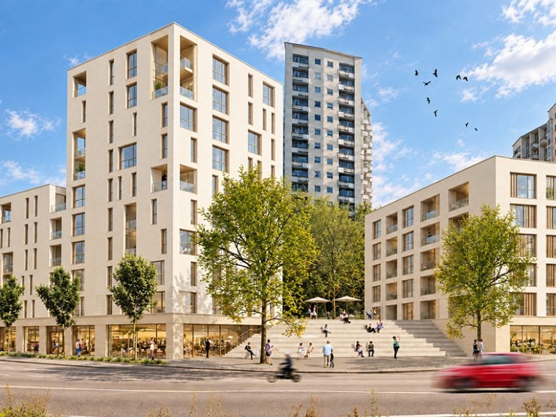 Visualisierung Wettbewerbsentwurf Budapester Platz Stuttgart: helle Neubauten mit Freitreppe vor den Hochhäusern am Hang