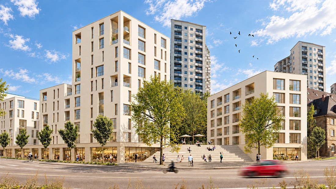 Visualisierung Wettbewerbsentwurf Budapester Platz Stuttgart: helle Neubauten mit Freitreppe vor den Hochhäusern am Hang
