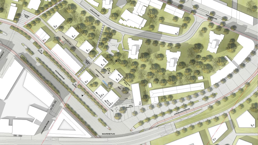 Wettbewerbsentwurf Budapester Platz Stuttgart: Lageplan mit Boulevards, Grünzügen und Neubebauung am Hang