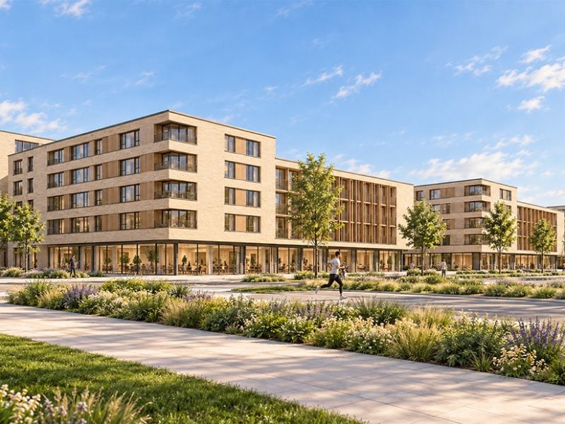 Wettbewerbsentwurf Schelmenäcker, Max-Lang-Straße Leinfelden-Echterdingen: Wohnbauten mit Erdgeschosszone an begrünter Straße