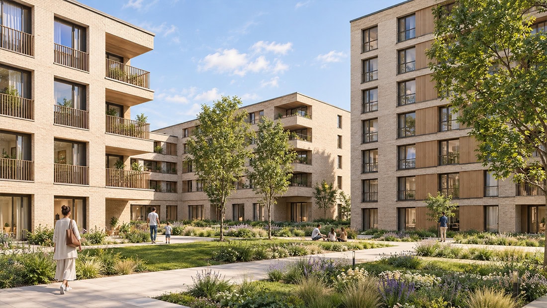 Wettbewerbsentwurf Schelmenäcker, Max-Lang-Straße Leinfelden-Echterdingen: begrünter Hof zwischen Wohnhäusern mit Balkonen